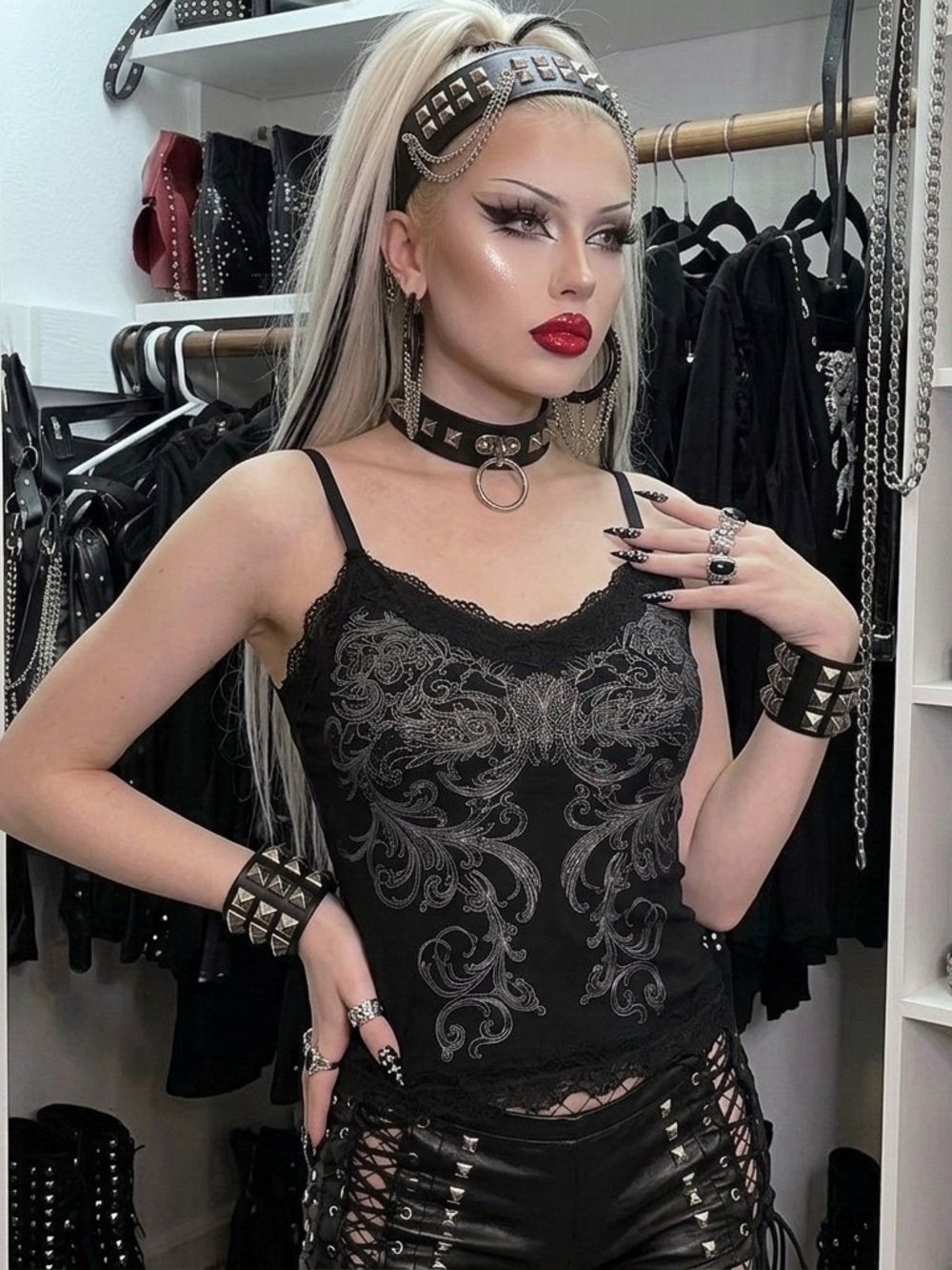 Dolls Kill Black Lace-Trim Dragon Print Cami